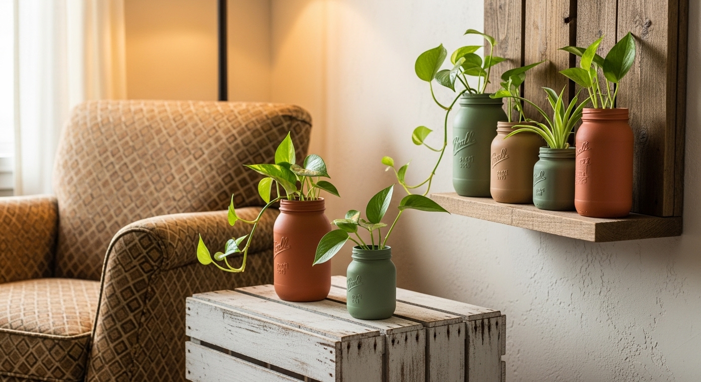 lọ thủy tinh tái chế đựng cây xanh trên kệ gỗ và thùng gỗ cũ sơn trắng làm bàn phụ độc đáo.