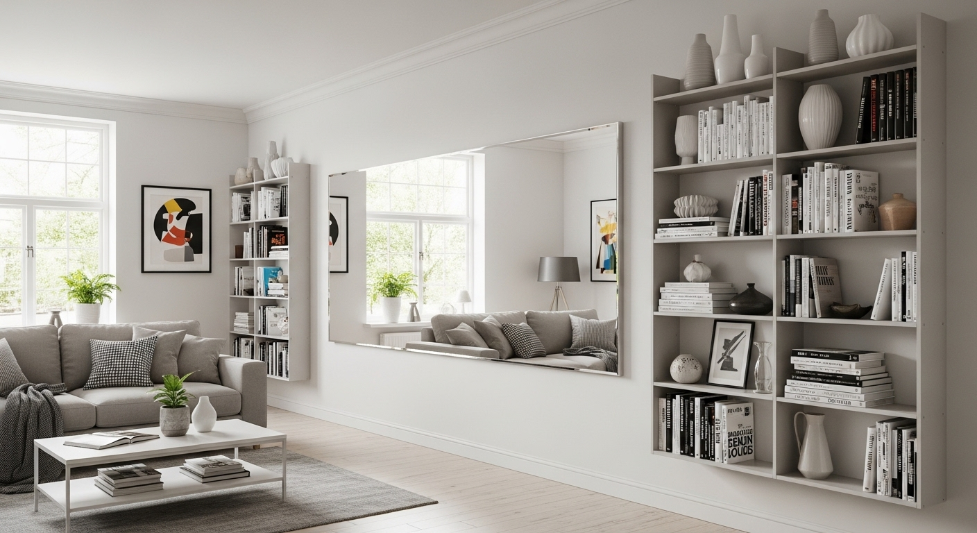 Phòng khách nhỏ đẹp đơn giản với gương lớn phản chiếu cửa sổ tạo ảo giác không gian rộng rãi, cùng kệ sách treo tường gọn gàng và hiện đại. Phòng khách nhỏ đẹp đơn giản với gương lớn phản chiếu cửa sổ tạo ảo giác không gian rộng rãi, cùng kệ sách treo tường gọn gàng và hiện đại.