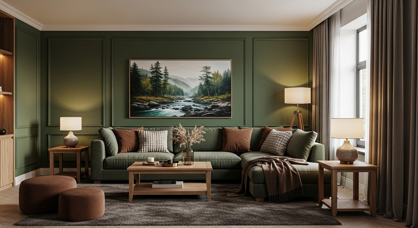 Phòng khách được thiết kế sang trọng với tông màu xanh lá đậm và nâu đất hài hòa, nội thất gỗ tự nhiên và sofa chữ L thoải mái tạo không gian ấm cúng, thể hiện sự tinh tế trong phong thủy phòng khách.