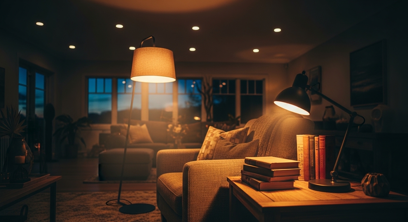 Phòng khách ấm cúng, rực rỡ ánh đèn; minh họa cách trang trí phòng khách đẹp mắt với ánh sáng tinh tế, tạo không gian thư giãn.