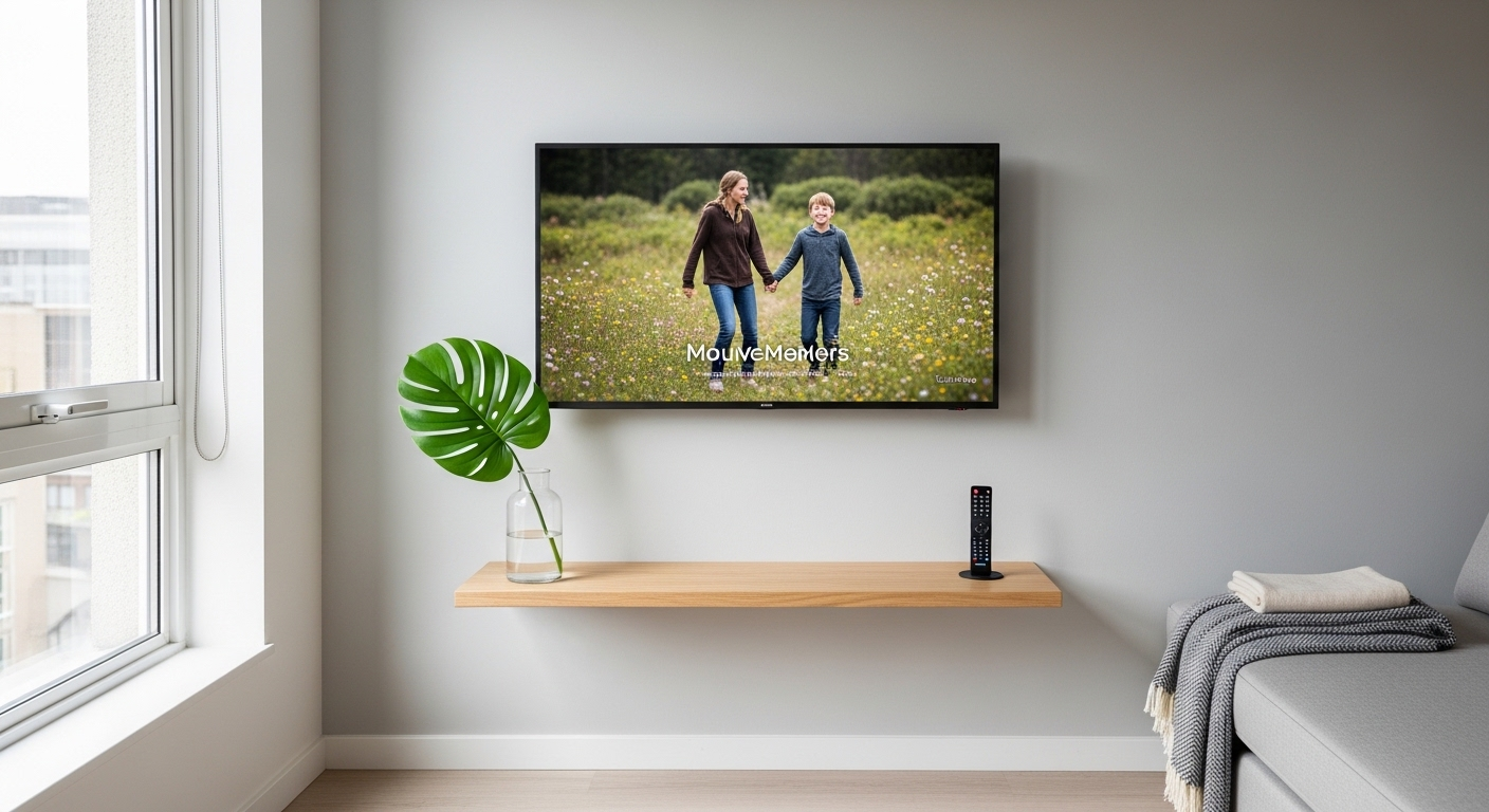 Phòng khách căn hộ nhỏ với kệ tivi treo tường thiết kế nổi hiện đại. Hình ảnh thể hiện cách trang trí kệ tivi phòng khách tối giản, gọn gàng cùng tivi, điều khiển và lọ hoa lá xanh.