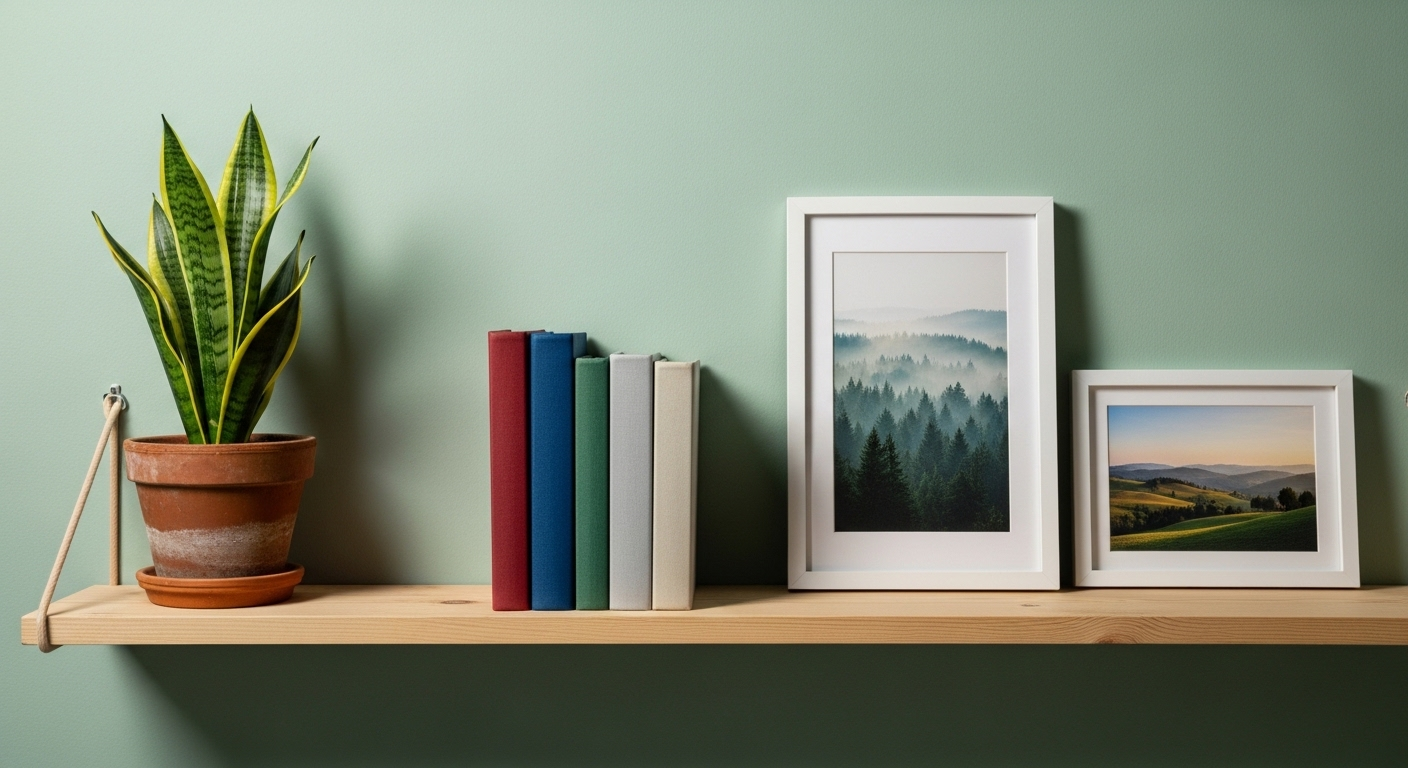 Kệ gỗ tự nhiên treo tường sắp xếp tinh tế với cây lưỡi hổ nhỏ, sách và ảnh phong cảnh trên nền tường xanh rêu, làm điểm nhấn tuyệt vời để trang trí phòng ngủ.