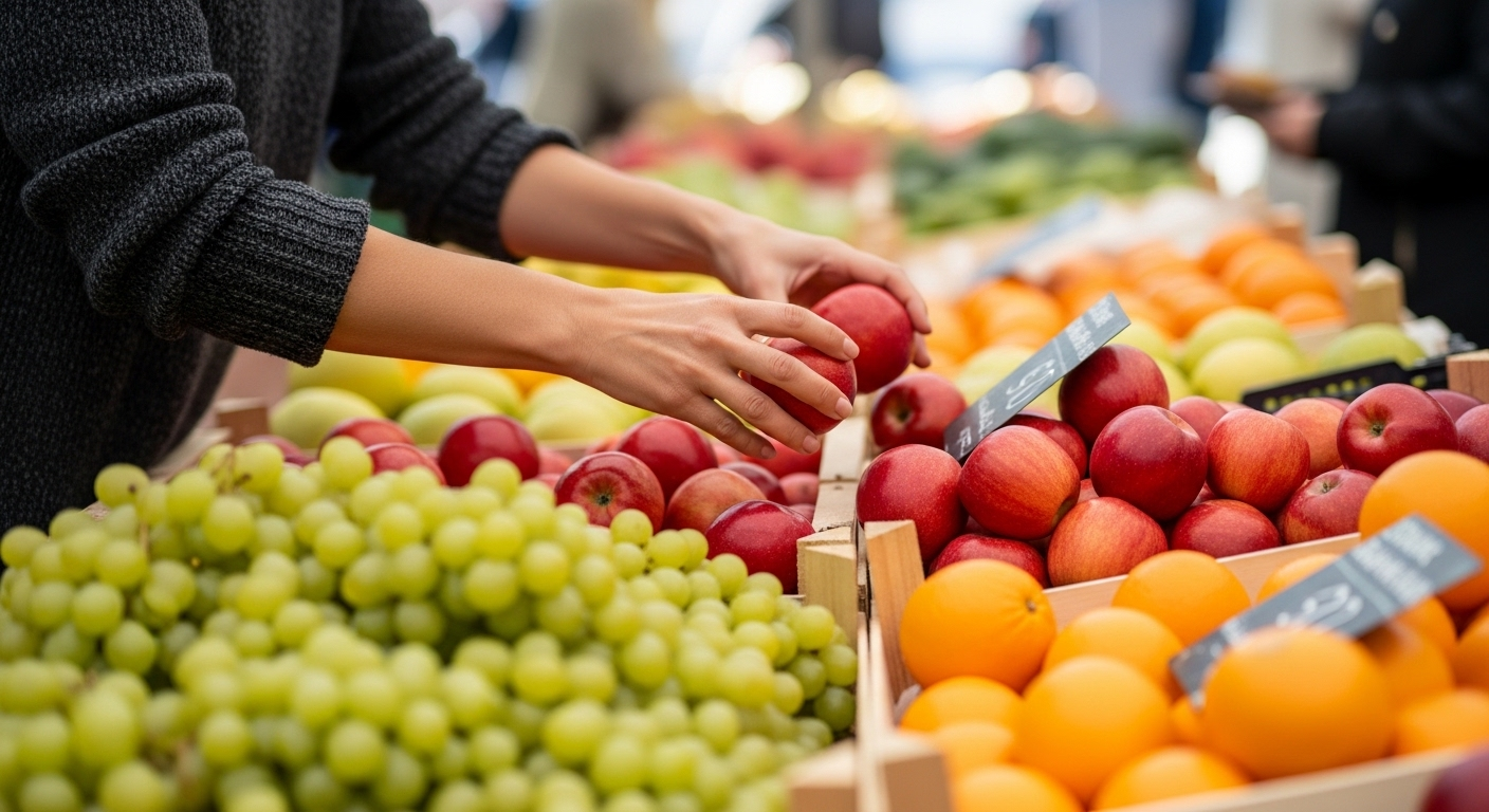 Cận cảnh bàn tay chọn mua trái cây tươi ngon như táo, nho, cam tại chợ nông sản rực rỡ, tượng trưng cho Chế độ ăn lành mạnh và tiết kiệm với thực phẩm tươi theo mùa.