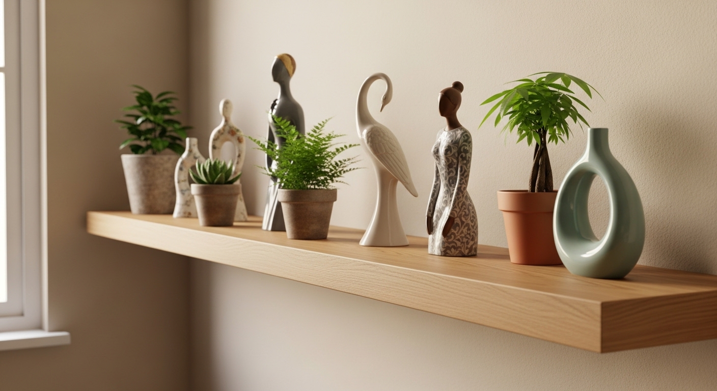 Kệ gỗ treo tường thanh lịch trang trí gọn gàng với cây cảnh mini và tượng gốm, gợi ý cho trang trí phòng khách ngày Tết.