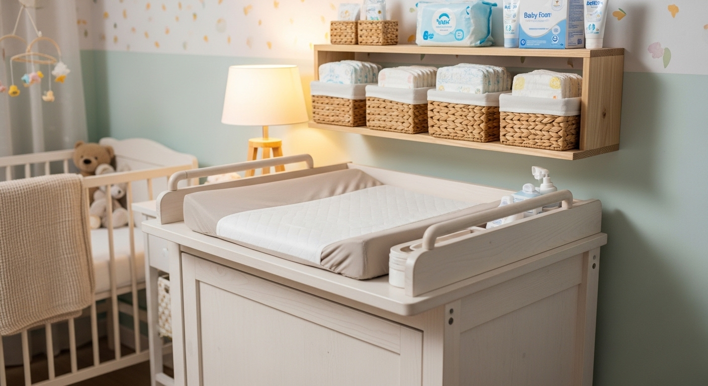 Bàn thay tã gỗ gọn gàng, sáng sủa cùng đồ dùng sắp xếp khoa học, lý tưởng cho việc trang trí phòng cho trẻ sơ sinh an toàn và tiện lợi. Bàn thay tã gỗ gọn gàng, sáng sủa cùng đồ dùng sắp xếp khoa học, lý tưởng cho việc trang trí phòng cho trẻ sơ sinh an toàn và tiện lợi.