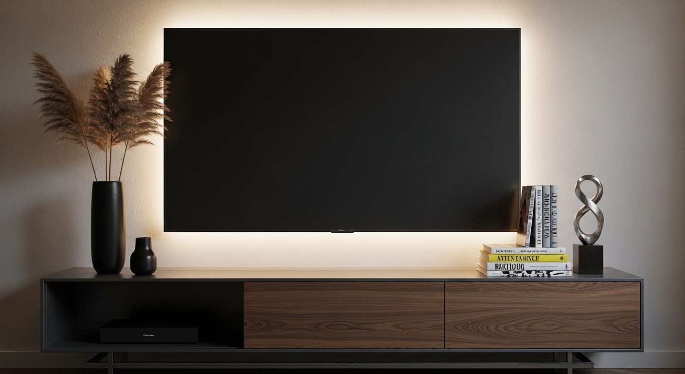 Kệ TV hiện đại với TV màn hình phẳng lớn, decor tinh tế và ánh sáng LED dịu mắt – một gợi ý hoàn hảo cho cách trang trí phòng khách hiện đại.