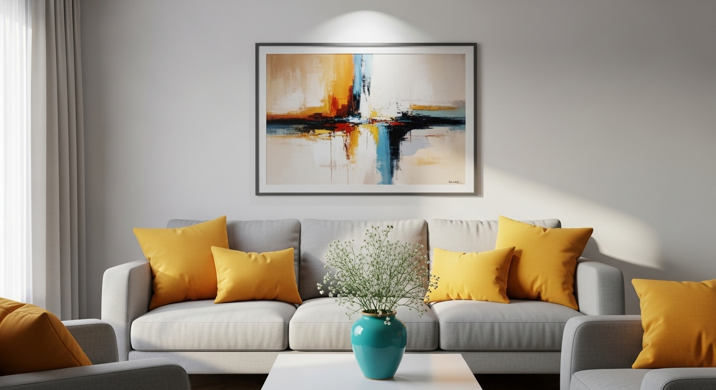 Trang trí phòng khách đẹp hiện đại với sofa xám nhạt, tường trắng, điểm nhấn gối vàng mù tạt, bình hoa xanh ngọc và tranh trừu tượng.