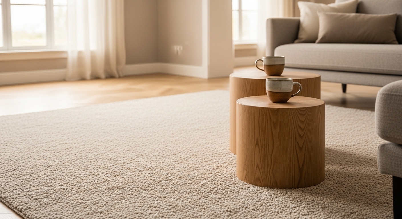 Phòng khách rộng rãi với thảm be sang trọng, bàn gỗ nhỏ và ánh sáng tự nhiên dịu nhẹ, minh họa cách trang trí phòng khách tinh tế.