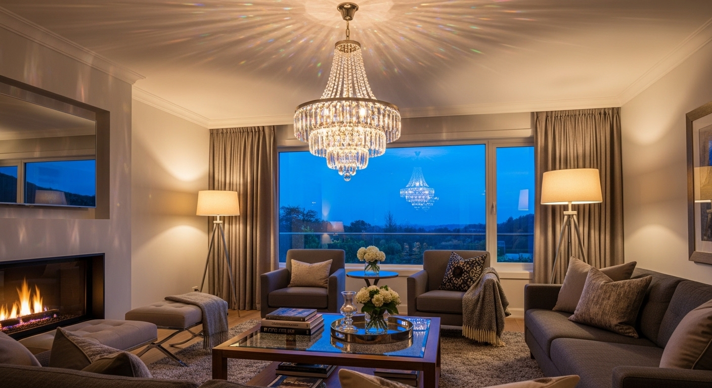 Phòng khách ấm cúng với đèn chùm pha lê lấp lánh và đèn sàn hiện đại, những đồ trang trí phòng khách tạo không gian mời gọi tràn ngập ánh sáng ấm áp lúc hoàng hôn.