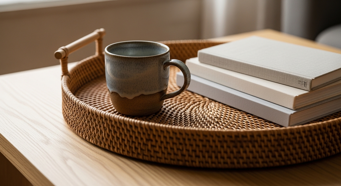 Cận cảnh khay mây tre đan trên bàn gỗ sáng màu, kèm cốc gốm thủ công và sách, tạo nên không gian nội thất chữa lành với ánh sáng tự nhiên dịu nhẹ.