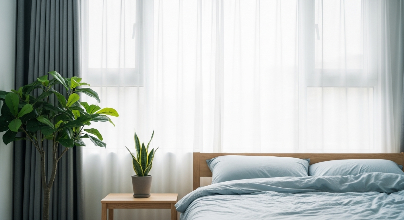 Phòng ngủ thanh bình tràn ngập ánh sáng tự nhiên dịu nhẹ, với rèm trắng mỏng và giường đơn giản ga xanh trắng. Cây xanh tươi mát là điểm nhấn hoàn hảo cho trang trí phòng ngủ này.