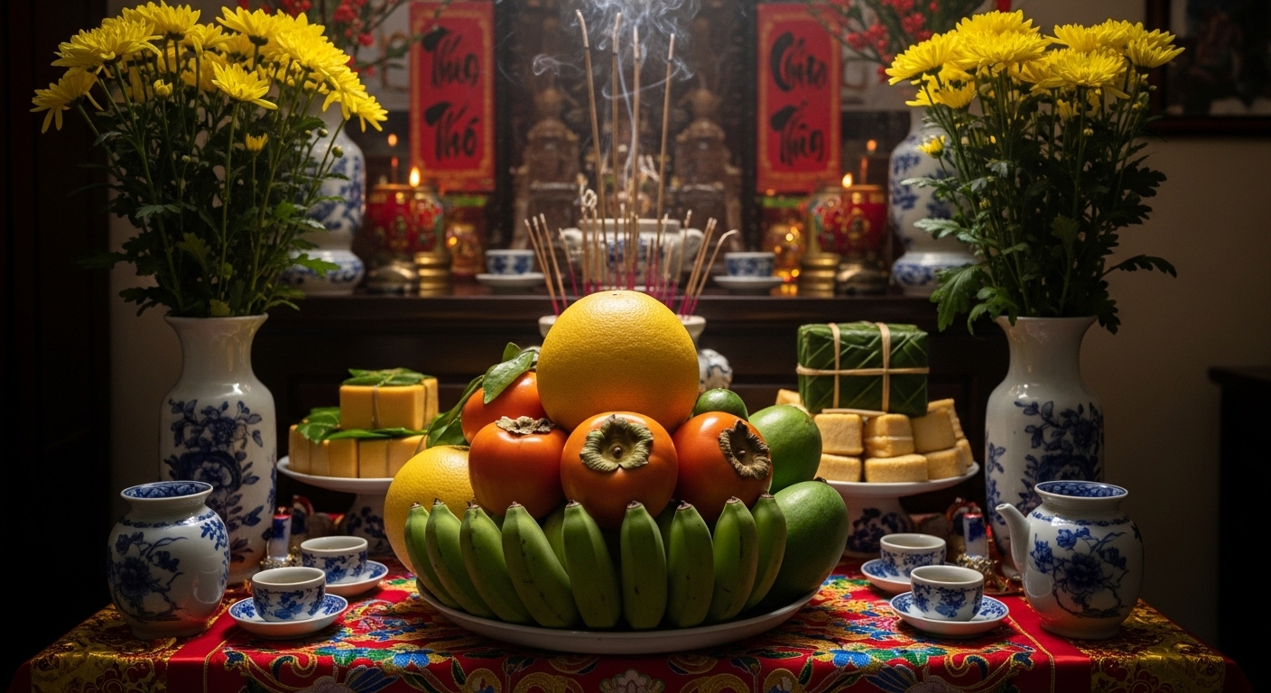 Bàn thờ gia tiên ngày Tết với mâm ngũ quả (chuối xanh, bưởi vàng, hồng đỏ) và hoa cúc vàng tươi, minh họa cách trang trí nhà đón Tết trang trọng.