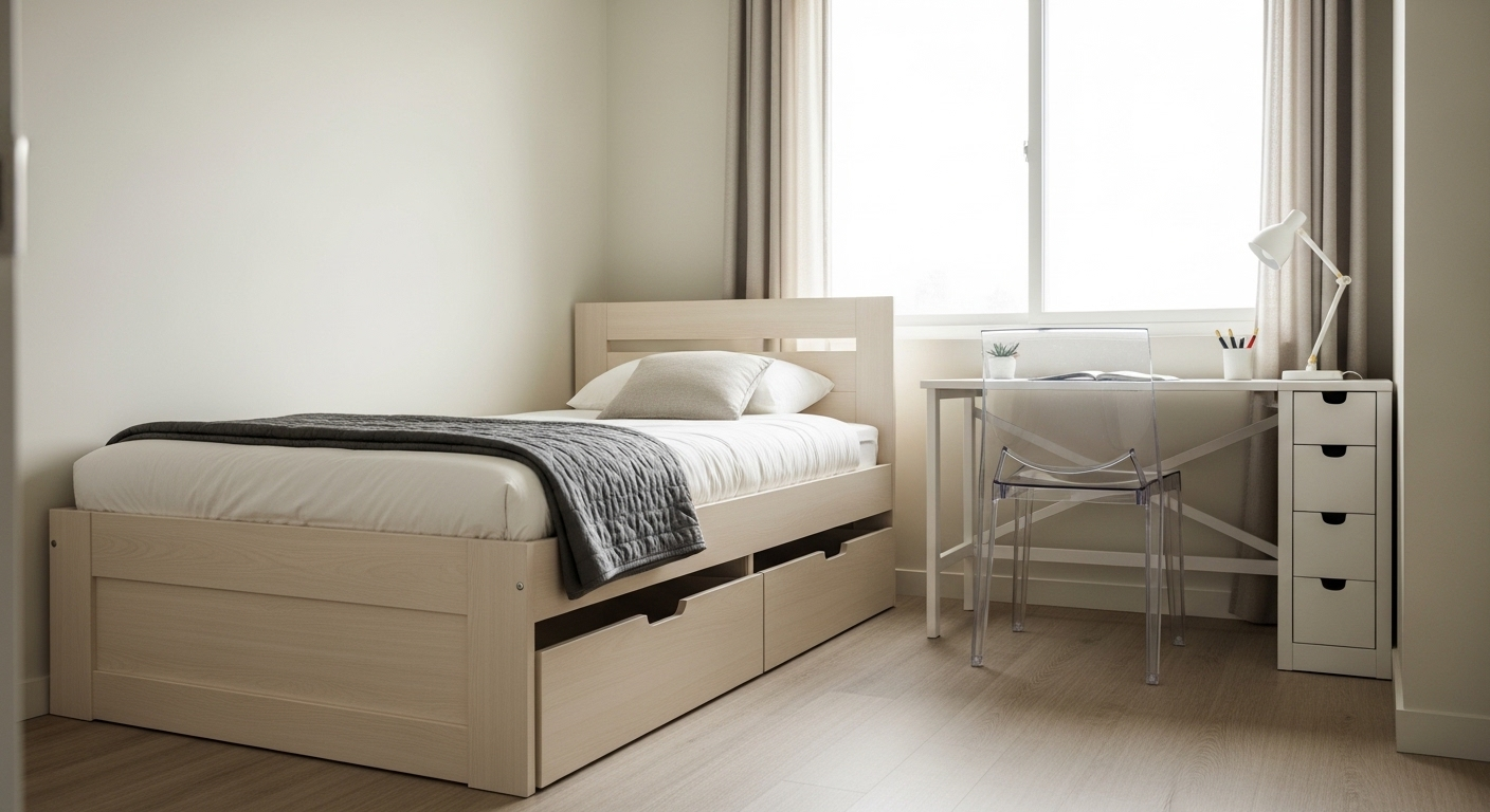 Phòng ngủ nhỏ được thiết kế tối ưu với giường bục màu sáng tích hợp ngăn kéo, cùng bàn gấp nhỏ gọn và ghế acrylic. Giải pháp thông minh cho trang trí phòng ngủ nhỏ hiện đại và tiết kiệm không gian. Phòng ngủ nhỏ được thiết kế tối ưu với giường bục màu sáng tích hợp ngăn kéo, cùng bàn gấp nhỏ gọn và ghế acrylic. Giải pháp thông minh cho trang trí phòng ngủ nhỏ hiện đại và tiết kiệm không gian.