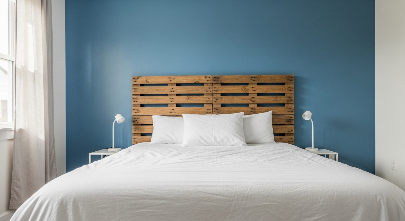 Phòng ngủ với tường nhấn xanh dương đậm, đầu giường gỗ pallet độc đáo và chăn ga trắng tinh khôi dưới ánh sáng dịu nhẹ. Một ý tưởng tuyệt vời cho mẹo vặt trang trí phòng ngủ hiện đại và ấm cúng.