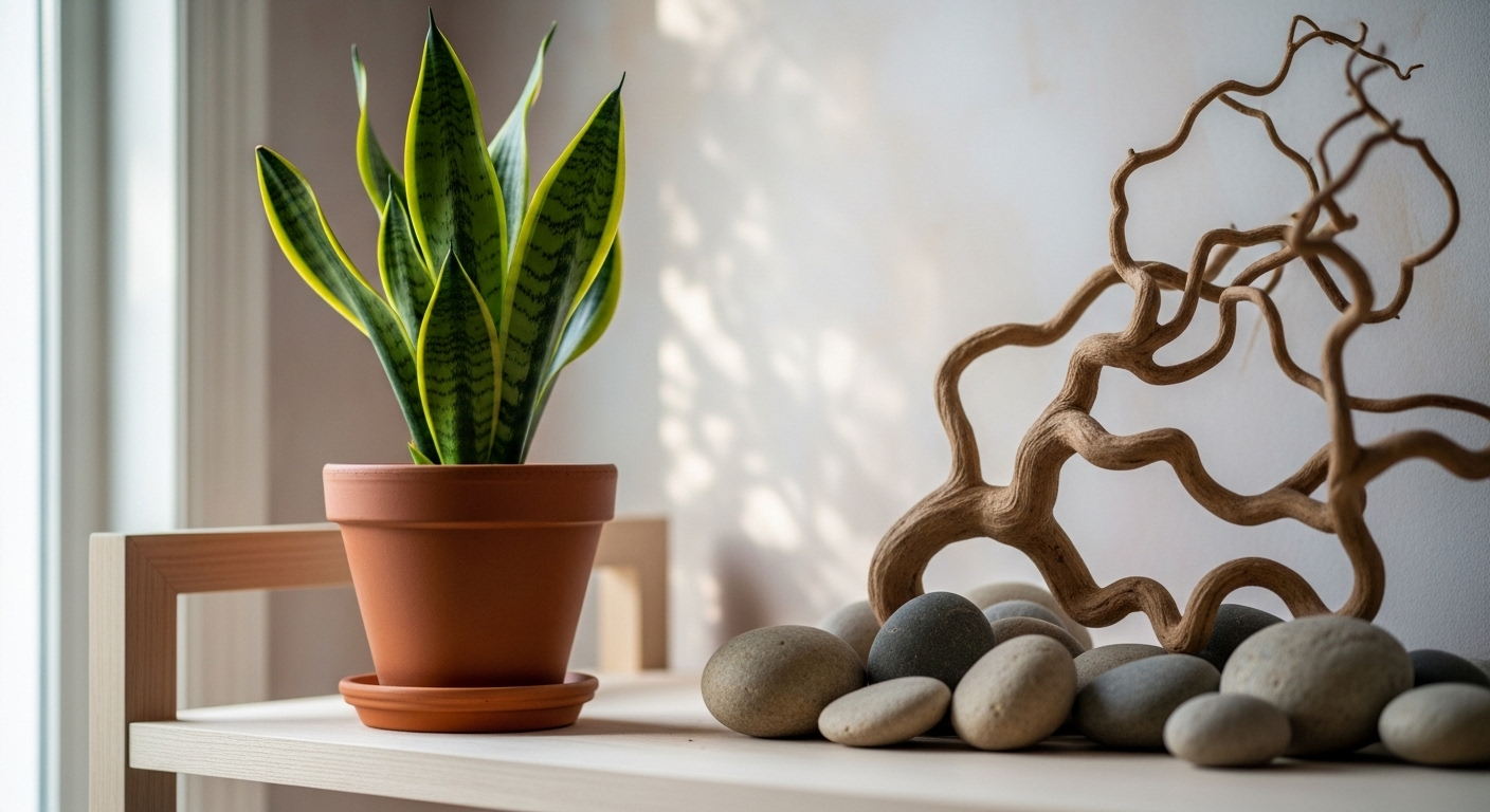 Góc nhà trang trí tinh tế với cây lưỡi hổ xanh tươi trong chậu đất nung, đá cuội và cành cây khô nghệ thuật trên kệ, gợi ý những mẹo vặt trang trí nhà cửa đơn giản mà đẹp mắt.