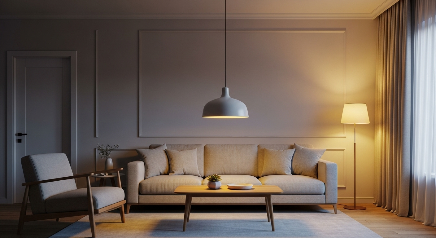 Phòng khách hiện đại tông trung tính (be, xám) với sofa êm ái, bàn gỗ đơn giản. Ánh sáng vàng ấm từ đèn tạo không gian thư giãn buổi tối, minh họa mẹo vặt trang trí nội thất tinh tế.