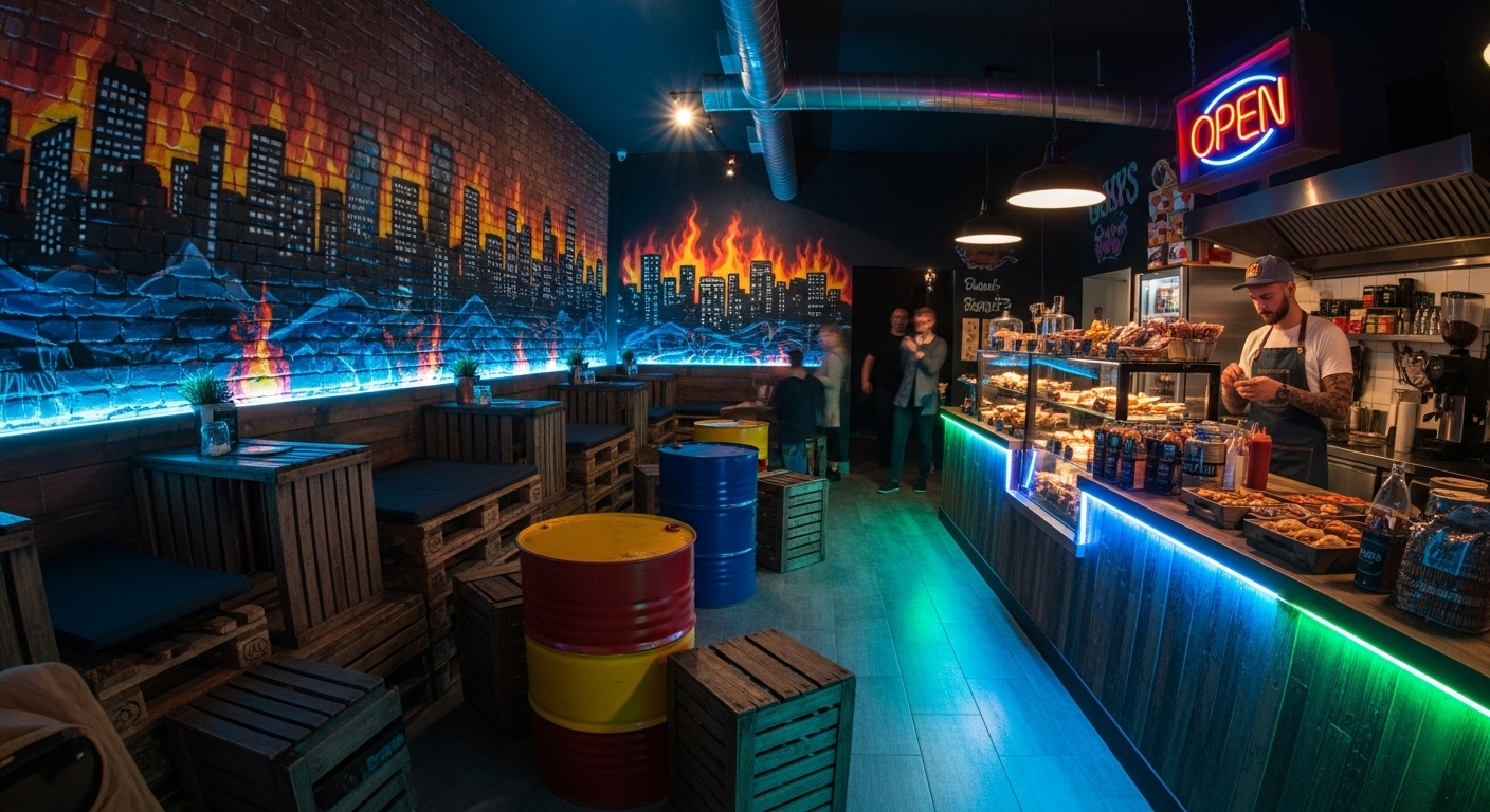 Hình ảnh cách trang trí quán ăn vặt phong cách đường phố hiện đại với tường gạch thô, graffiti xanh cam sống động, bàn ghế từ thùng gỗ và thùng phuy tái chế, cùng đèn LED đa sắc tạo không gian năng động, độc đáo.