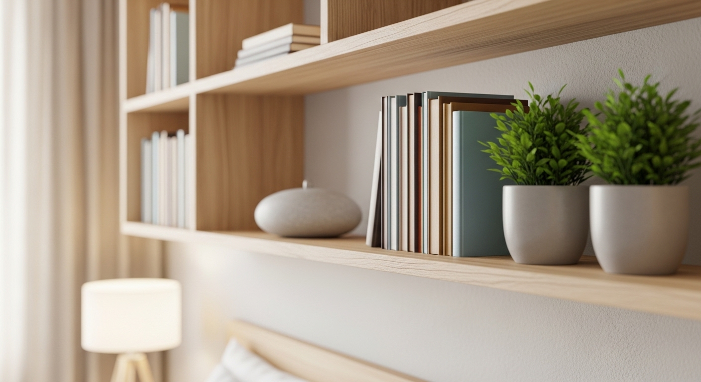 Kệ gỗ treo tường màu sáng trang trí phòng ngủ nhỏ, trưng bày sách, cây cảnh và đá trang trí.