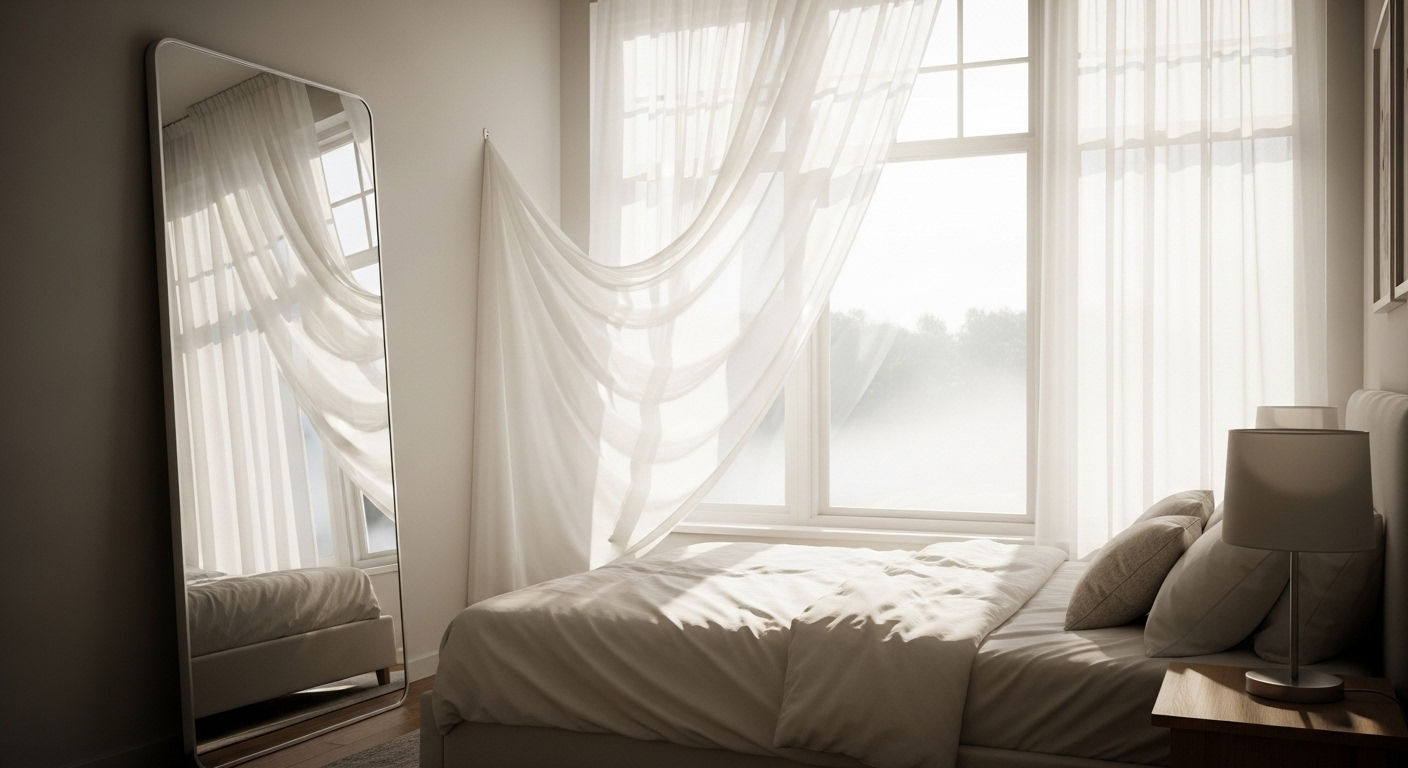 Gương lớn phản chiếu ánh sáng tự nhiên trong phòng ngủ nhỏ, một mẹo vặt trang trí phòng ngủ giúp không gian sáng và rộng rãi hơn.