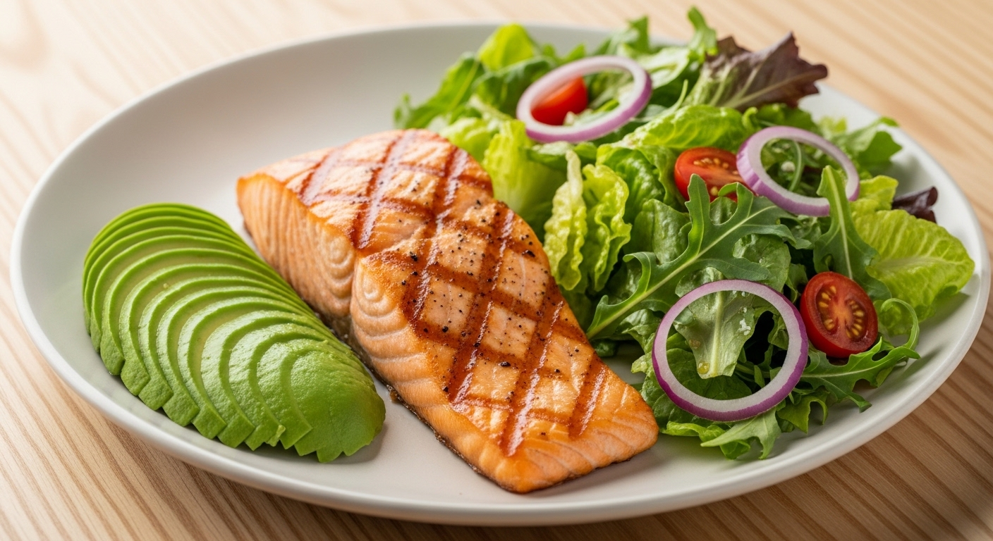 Bữa ăn lành mạnh với cá hồi nướng, bơ thái lát và salad rau xanh tươi, lý tưởng cho Cách ăn ít no lâu.