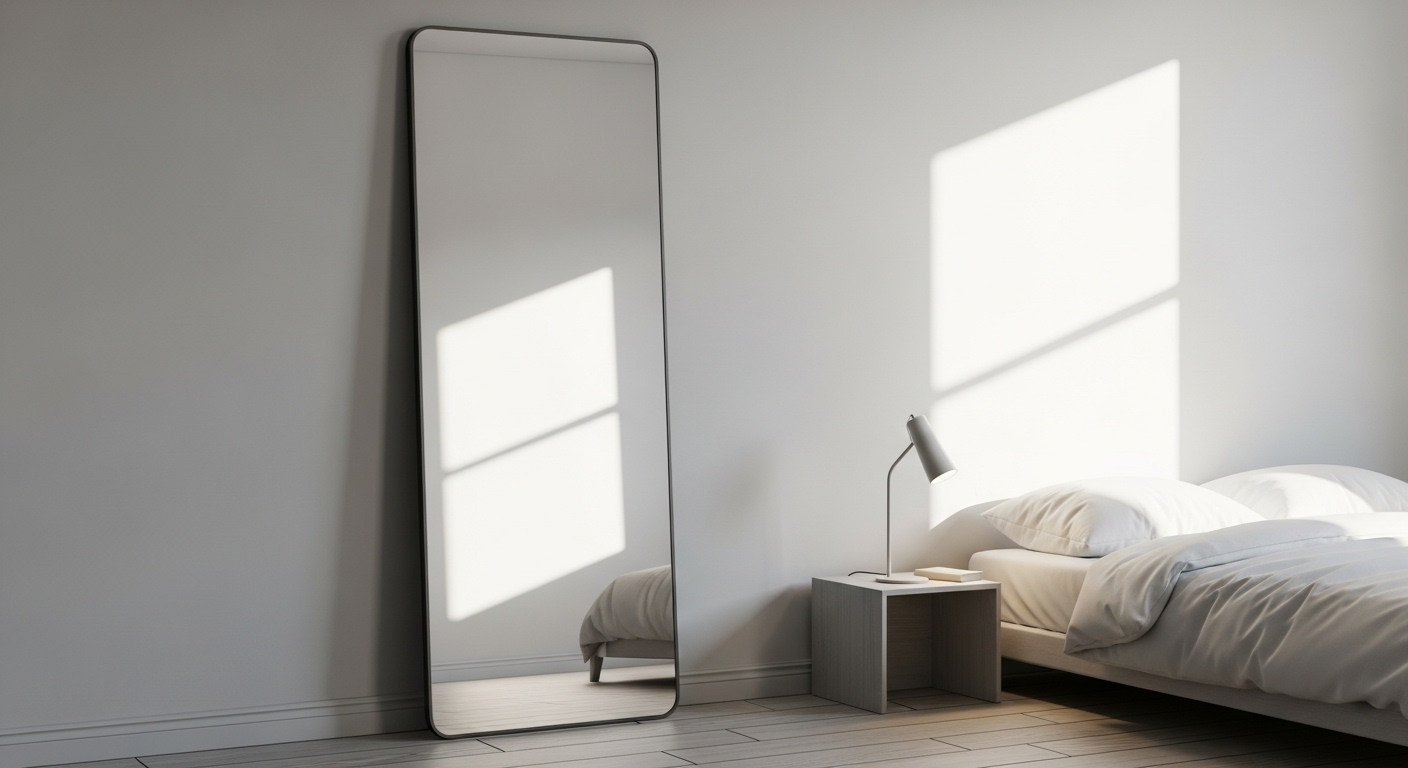 Gương hình chữ nhật khung kim loại tối màu, một đồ trang trí phòng ngủ lý tưởng, phản chiếu ánh sáng tự nhiên, giúp mở rộng không gian phòng ngủ tối giản.