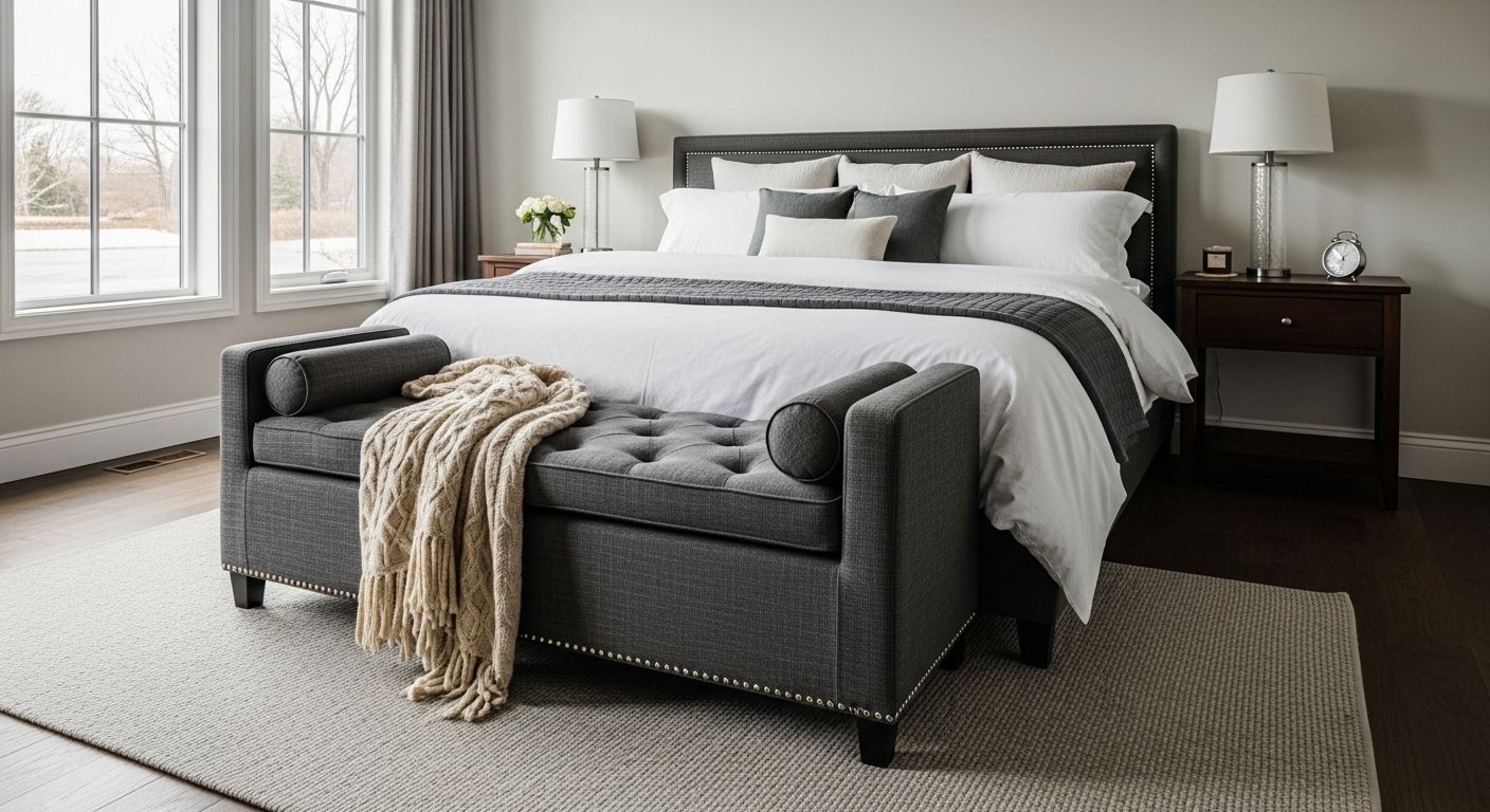 Ghế đôn bọc vải sang trọng với chất liệu tinh xảo, đặt cuối giường trong phòng ngủ tinh tế. Ánh sáng tự nhiên từ cửa sổ làm nổi bật vẻ đẹp, gợi ý cho cách trang trí phòng ngủ sang trọng. Ghế đôn bọc vải sang trọng với chất liệu tinh xảo, đặt cuối giường trong phòng ngủ tinh tế. Ánh sáng tự nhiên từ cửa sổ làm nổi bật vẻ đẹp, gợi ý cho cách trang trí phòng ngủ sang trọng.