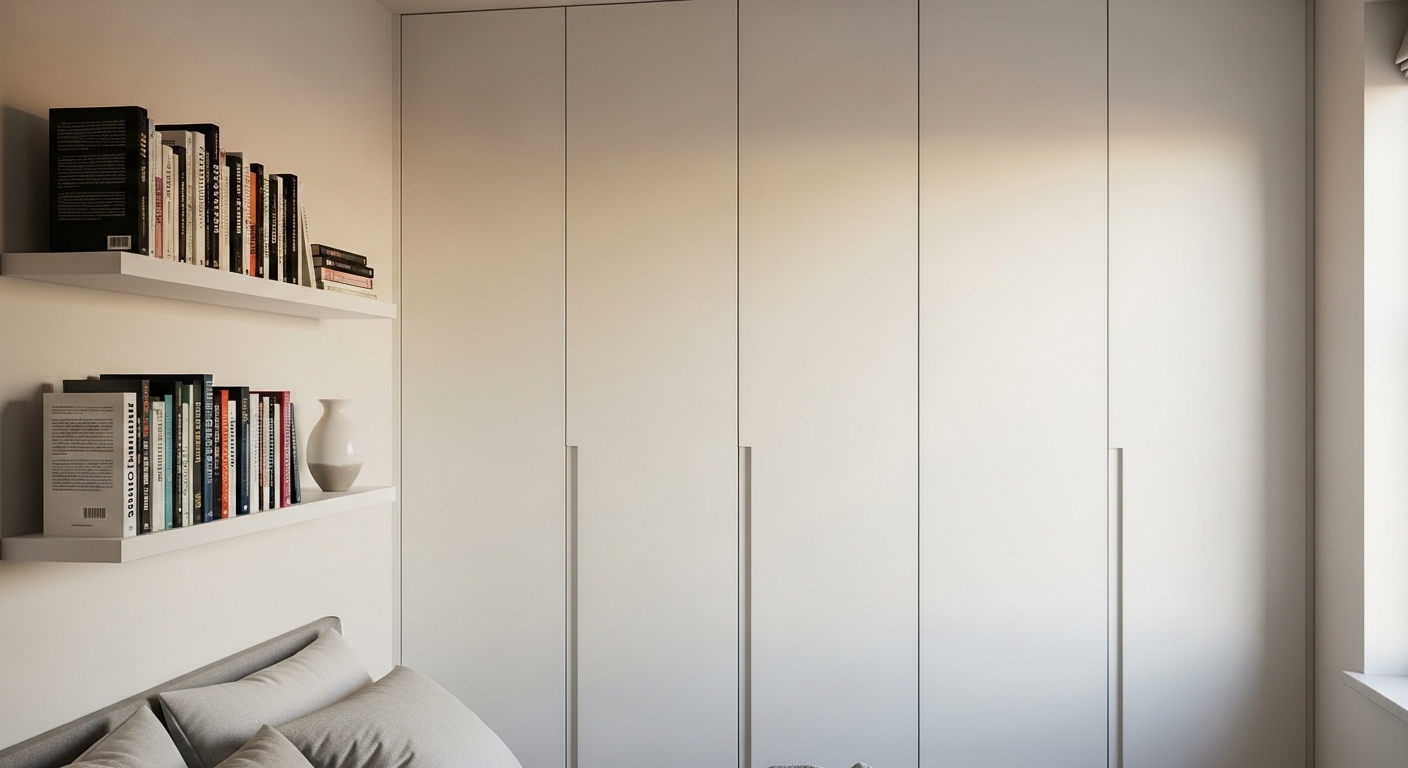 Một cách trang trí phòng ngủ nhỏ đẹp hiện đại với hệ tủ âm tường màu trắng cao kịch trần, không tay nắm và kệ treo tường nổi trưng bày sách, lọ hoa đơn giản, giúp tối ưu không gian hiệu quả. Một cách trang trí phòng ngủ nhỏ đẹp hiện đại với hệ tủ âm tường màu trắng cao kịch trần, không tay nắm và kệ treo tường nổi trưng bày sách, lọ hoa đơn giản, giúp tối ưu không gian hiệu quả.