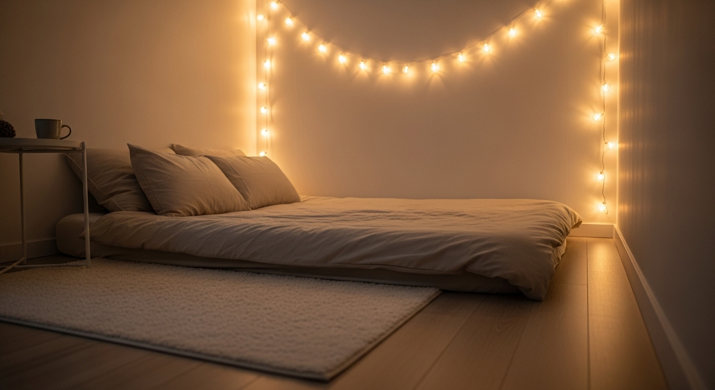 Trang trí phòng ngủ nhỏ phong cách Hàn Quốc ấm cúng với giường futon thấp, ga trải giường màu be, thảm lông trắng và đèn LED dây tạo không gian thư giãn.