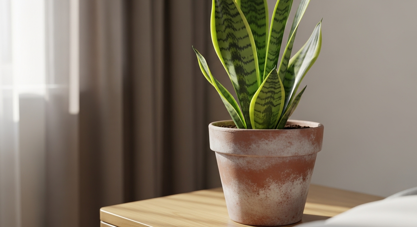 Cận cảnh cây lưỡi hổ xanh tươi trong chậu đất nung đơn giản trên mặt gỗ sáng, tạo điểm nhấn xanh mát cho trang trí phòng ngủ với ánh sáng tự nhiên dịu nhẹ.