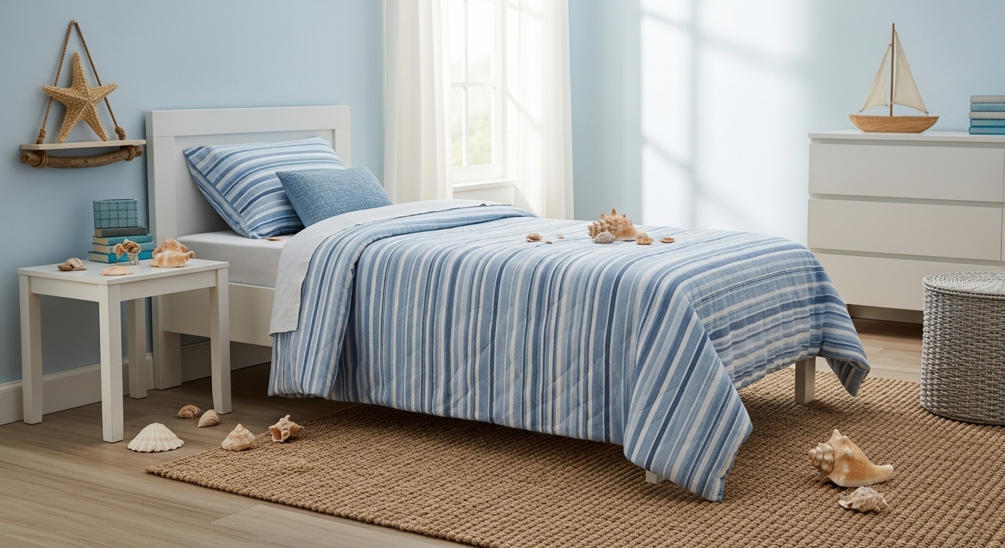 Phòng ngủ trẻ em chủ đề đại dương với phong cách trang trí phòng ngủ cho trẻ sinh động, có giường đơn chăn sọc xanh trắng, vỏ sò, sao biển và thảm sợi tự nhiên.