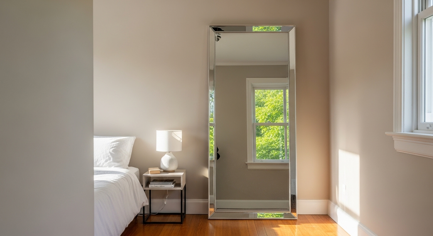 Phòng ngủ nhỏ sáng sủa với tường màu be nhạt, gương đứng cao phản chiếu cửa sổ và cây xanh, là ý tưởng tuyệt vời để trang trí phòng ngủ nhỏ thêm rộng rãi và thoáng đãng.