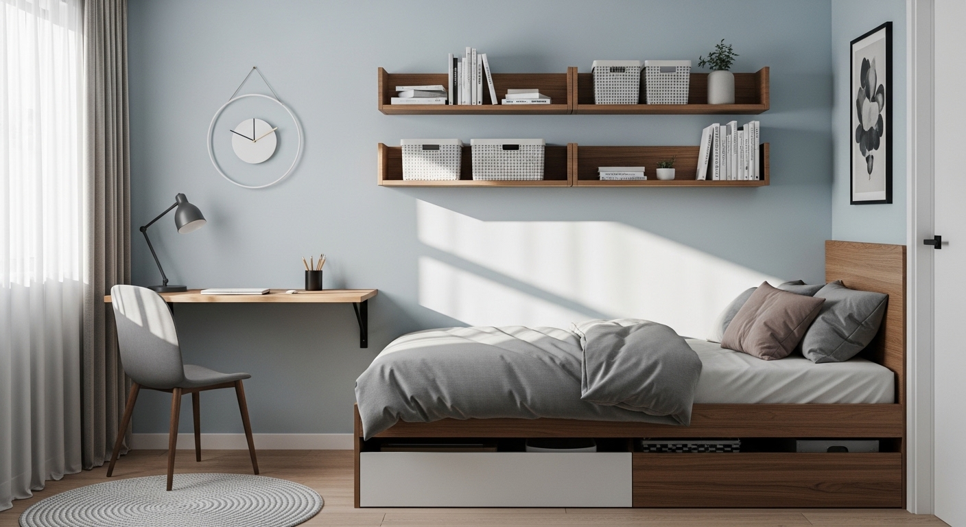giường tích hợp ngăn kéo, bàn gắn tường và kệ nổi gọn gàng. Tường xanh nhạt nhẹ nhàng.
