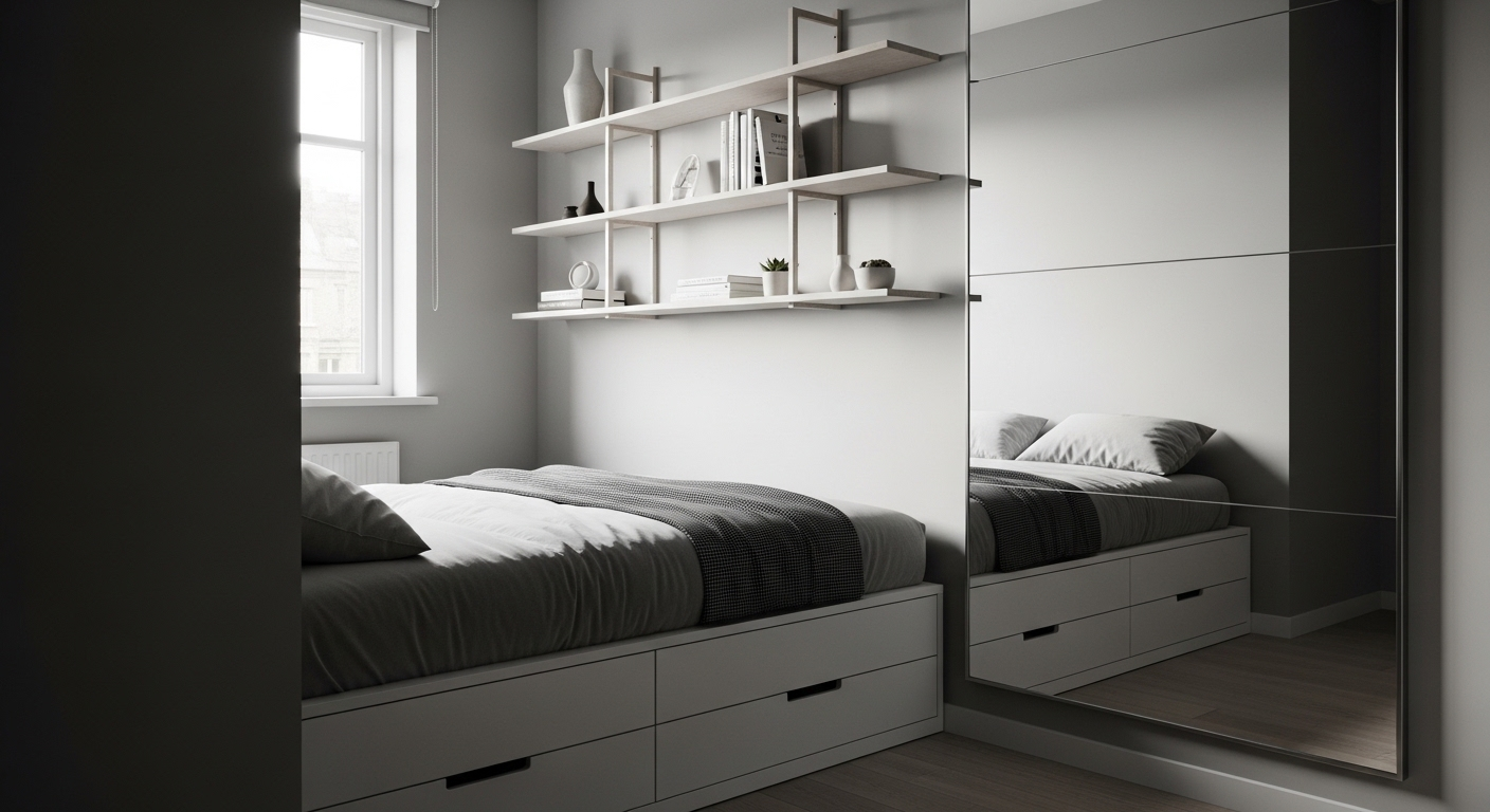 Thiết kế trang trí phòng ngủ nhỏ gọn, tối ưu không gian với giường tích hợp lưu trữ, kệ treo tường và gương lớn. Thiết kế trang trí phòng ngủ nhỏ gọn, tối ưu không gian với giường tích hợp lưu trữ, kệ treo tường và gương lớn.