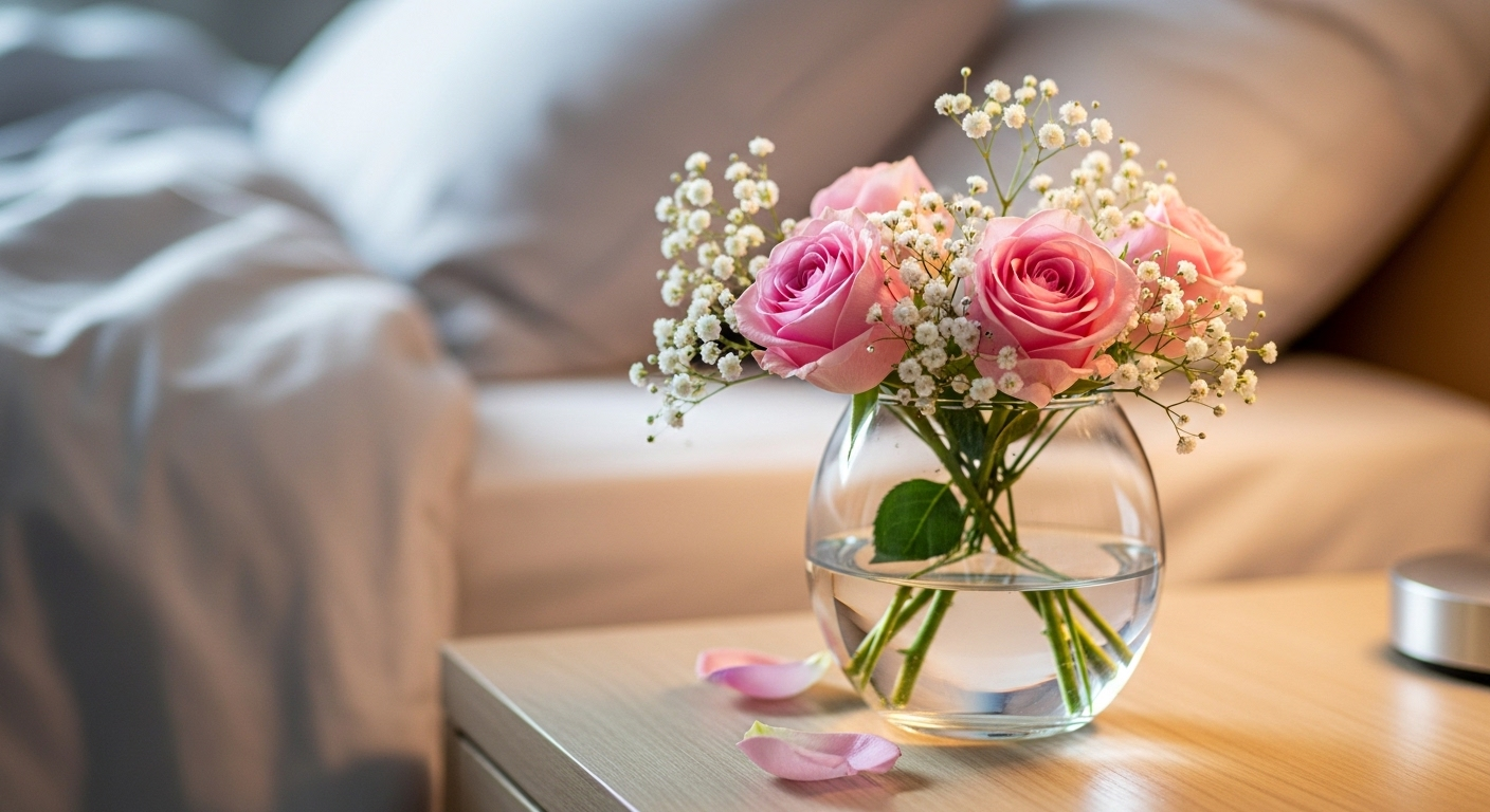 Cận cảnh lọ thủy tinh nhỏ với hoa hồng hồng và hoa baby trắng trên bàn đầu giường gỗ, gợi ý trang trí phòng ngủ 20/10 tinh tế.