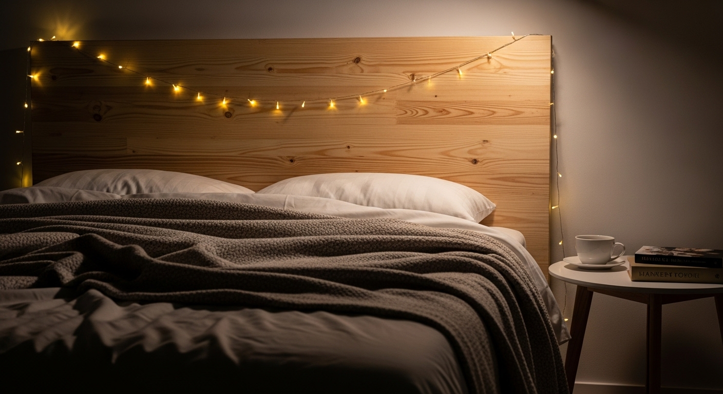 Góc phòng ngủ ấm cúng với đầu giường gỗ và đèn LED dây phát sáng ấm áp, mang đến ý tưởng trang trí phòng ngủ đơn giản tiết kiệm cùng chăn màu trung tính và bàn đầu giường nhỏ gọn.