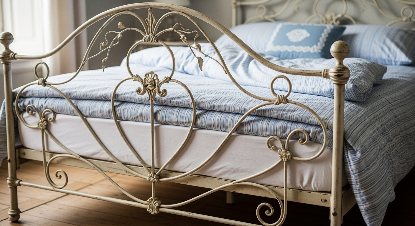 Chiếc giường sắt rèn cổ điển màu trắng ngà với hoa văn uốn lượn tinh xảo và ga trải giường cotton sọc xanh trắng, thể hiện phong cách trang trí phòng ngủ Vintage thanh lịch.