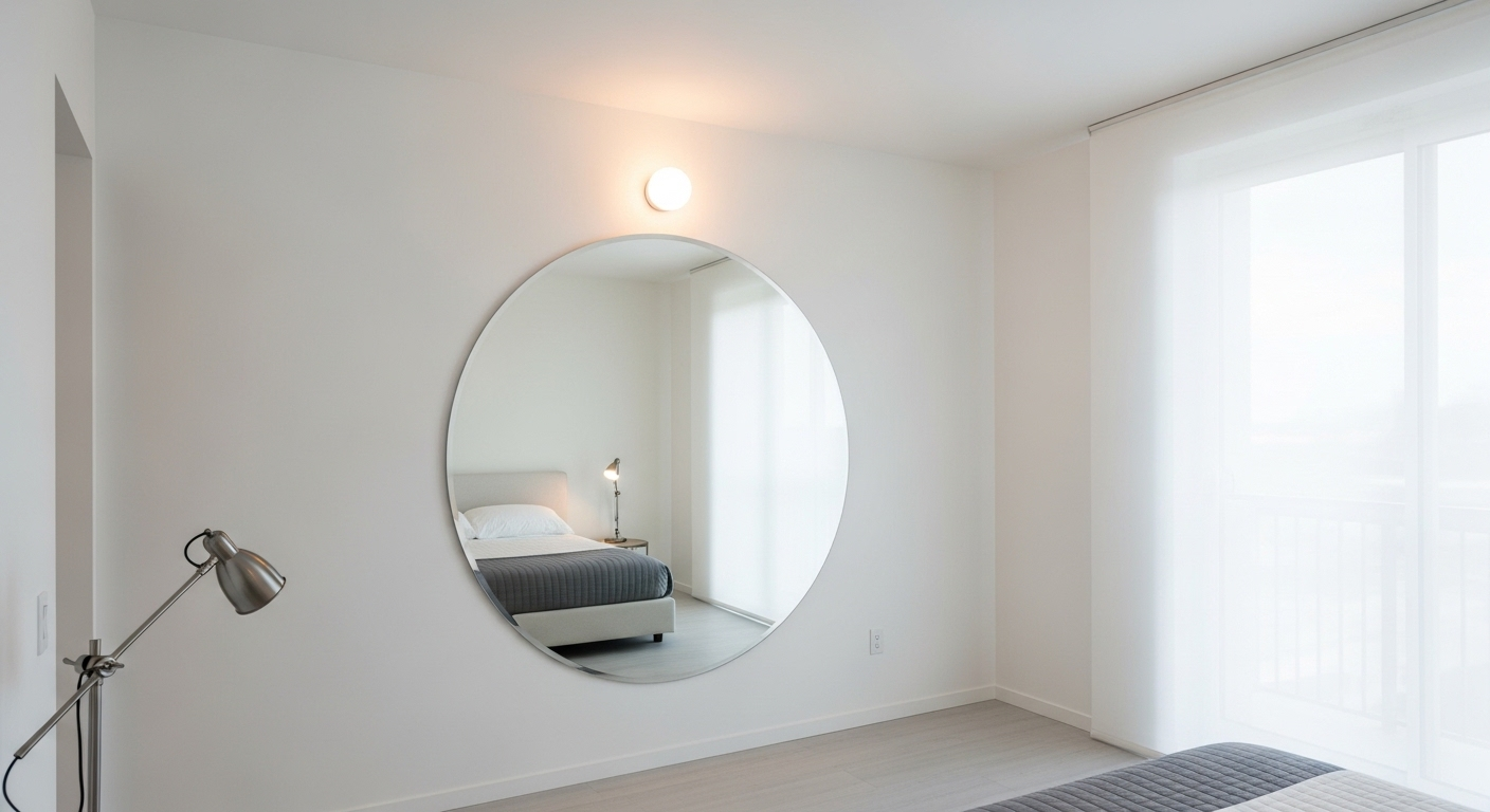Phòng ngủ hiện đại, sạch sẽ với gương tròn lớn phản chiếu ánh sáng tự nhiên, tường trắng, sàn xám và rèm mỏng tạo không gian thanh lịch, là ý tưởng tuyệt vời để tự trang trí phòng ngủ đơn giản. Phòng ngủ hiện đại, sạch sẽ với gương tròn lớn phản chiếu ánh sáng tự nhiên, tường trắng, sàn xám và rèm mỏng tạo không gian thanh lịch, là ý tưởng tuyệt vời để tự trang trí phòng ngủ đơn giản.