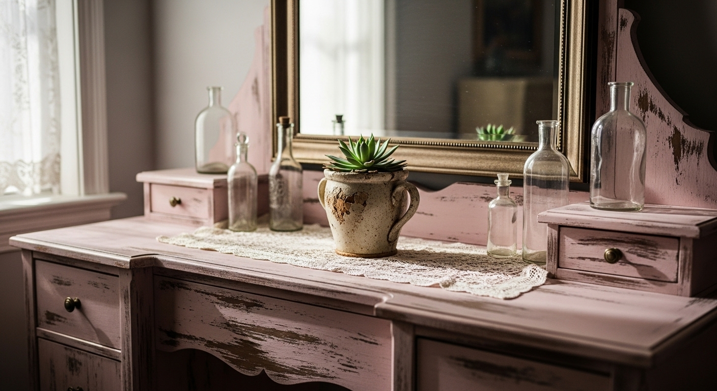 Bàn trang điểm vintage gỗ sơn hồng nhạt sờn cũ, gương chạm khắc khung đồng, cùng cây sen đá và chai lọ cổ điển, làm điểm nhấn cho trang trí phòng ngủ vintage.