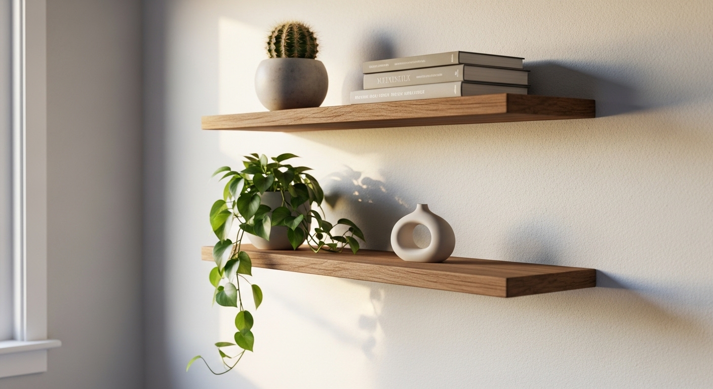 Kệ gỗ nổi mộc mạc trên tường phòng ngủ, trưng bày cây xanh, sách và đồ gốm, tạo điểm nhấn phụ kiện trang trí phòng ngủ ấm cúng.