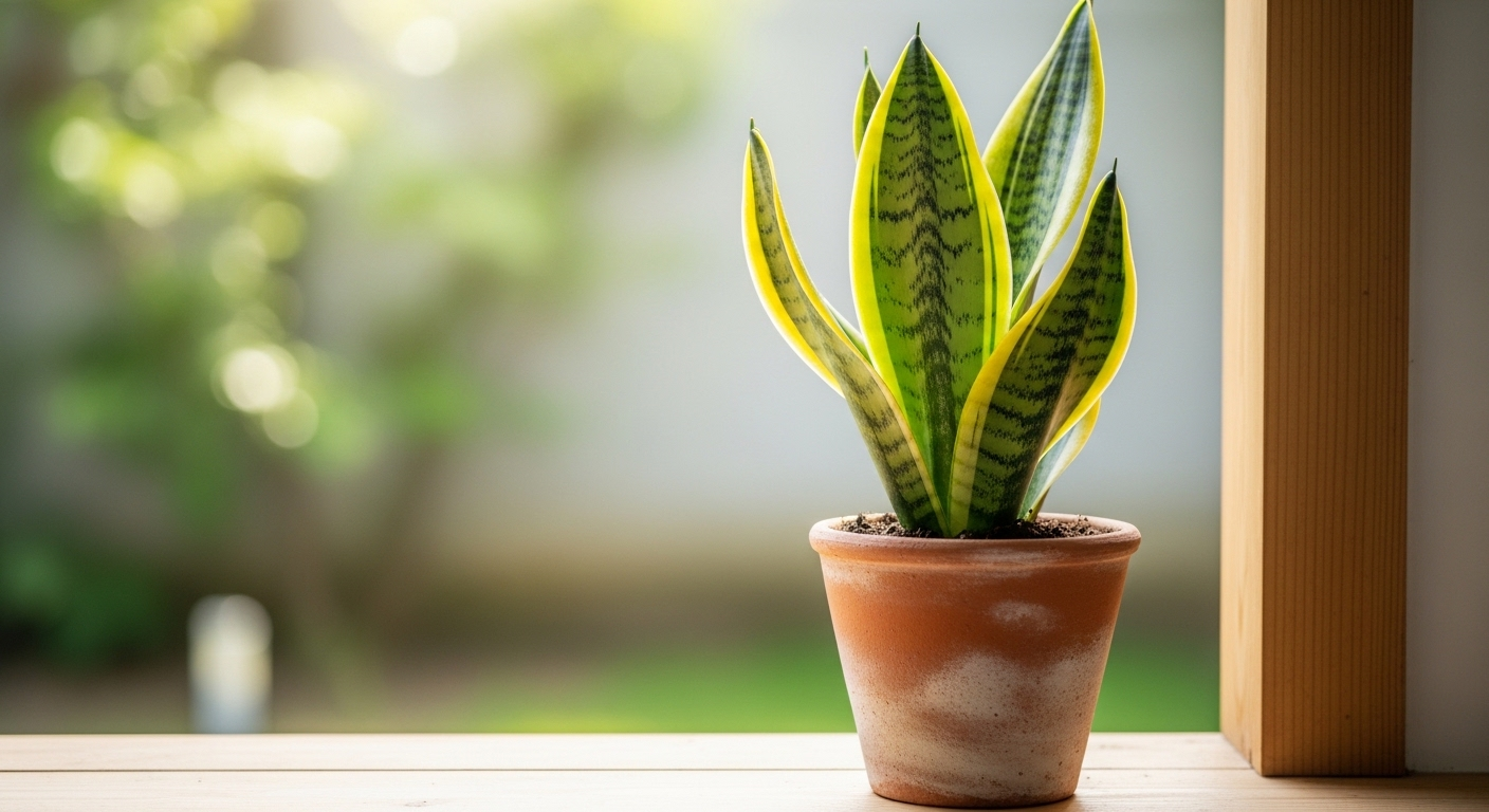Cây lưỡi hổ xanh mướt trong chậu đất nung nhỏ trên bệ cửa sổ gỗ sáng màu, gợi ý tuyệt vời cho trang trí phòng ngủ đơn giản ít tốn kém với ánh sáng tự nhiên dịu nhẹ.