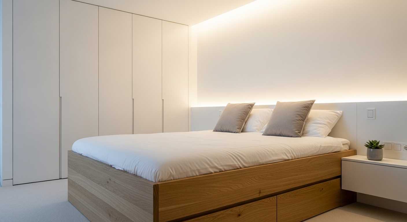 Trang trí phòng ngủ tối giản hiện đại với giường tích hợp ngăn kéo, tủ quần áo trắng âm tường không tay nắm, tối ưu không gian dưới ánh sáng dịu nhẹ.