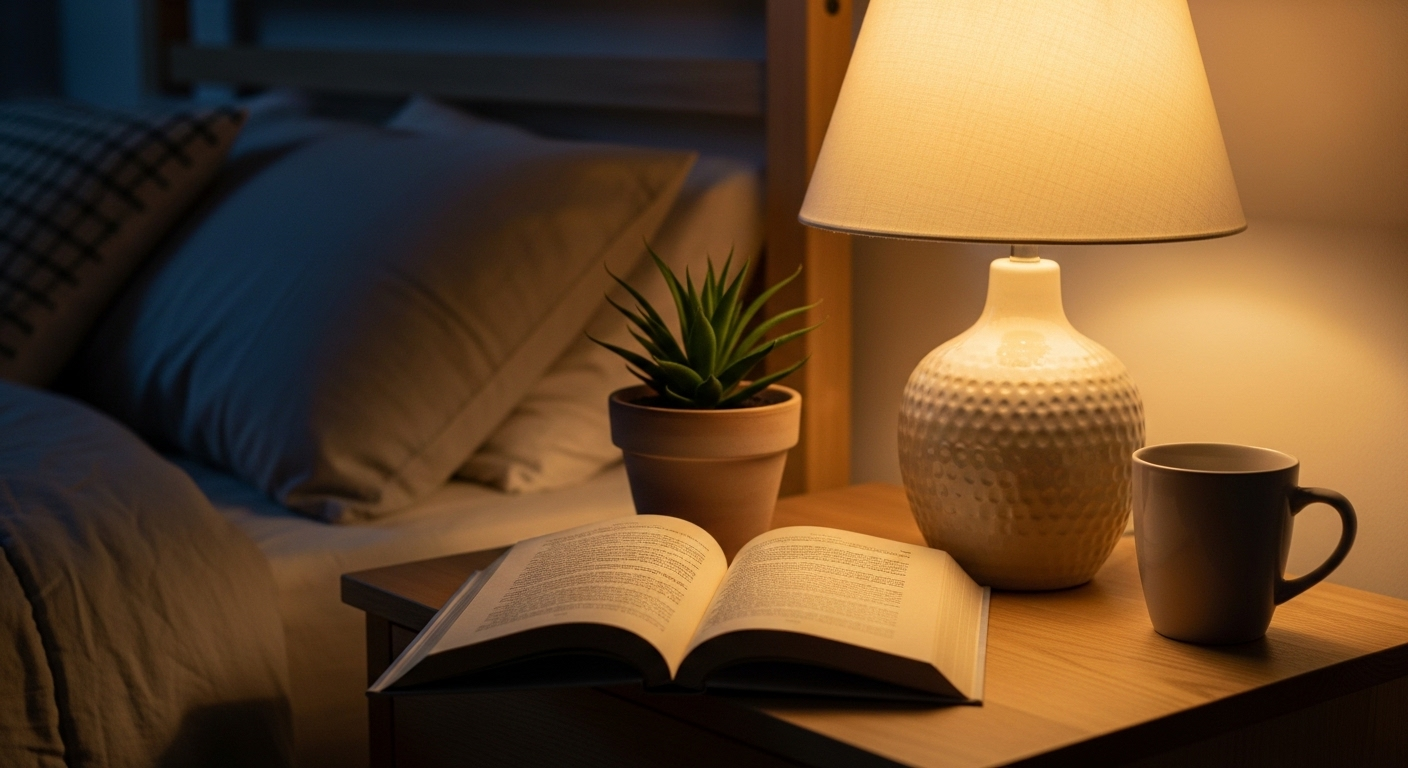 Cận cảnh tủ đầu giường gỗ sáng với đèn gốm ánh vàng ấm, sách và cây mọng nước, là ý tưởng trang trí phòng ngủ đẹp và ấm cúng.