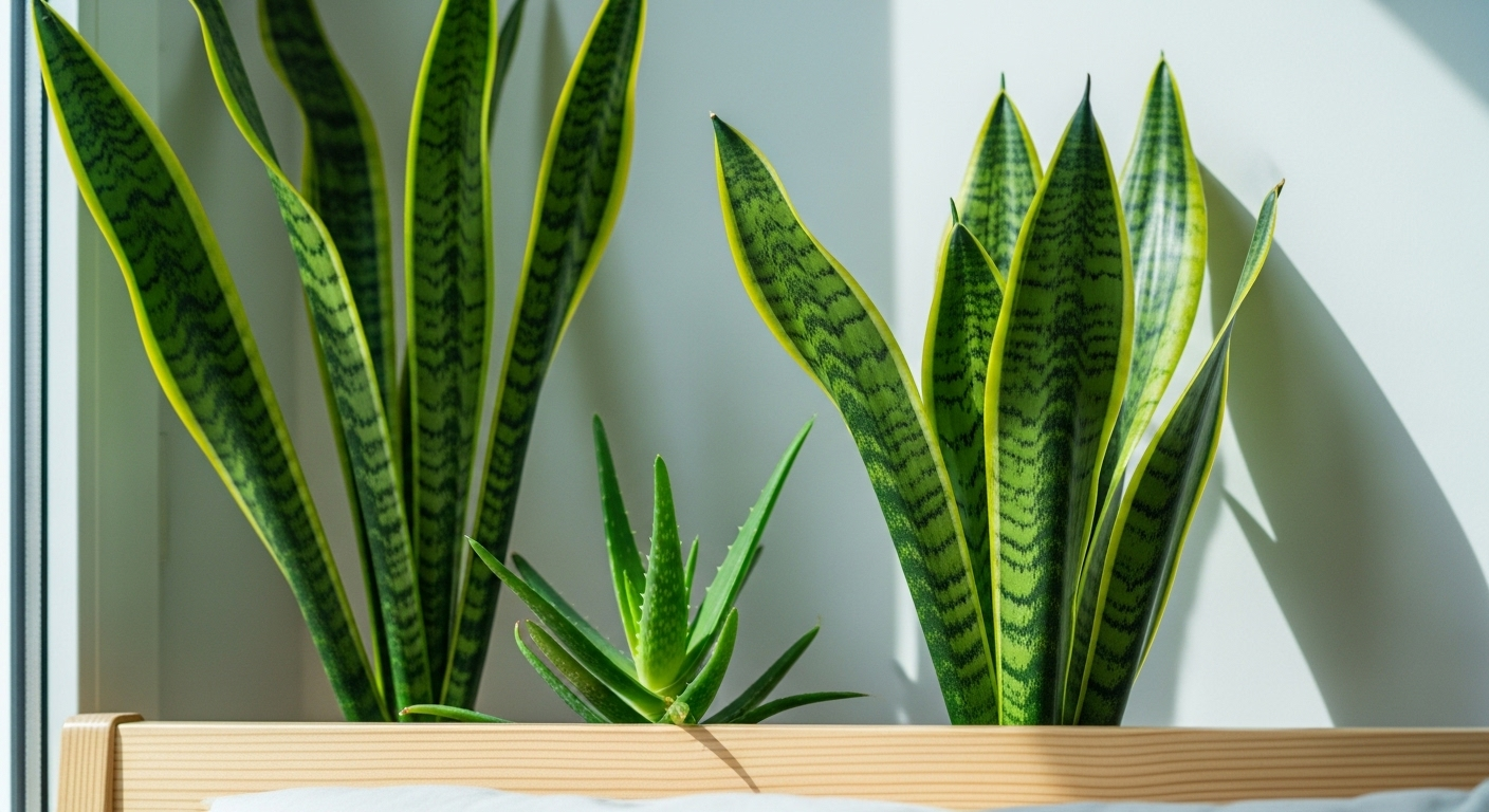 Cây lưỡi hổ và lô hội xanh tươi trên bệ cửa sổ gỗ, đón ánh nắng dịu nhẹ, ý tưởng tự trang trí phòng ngủ đẹp.