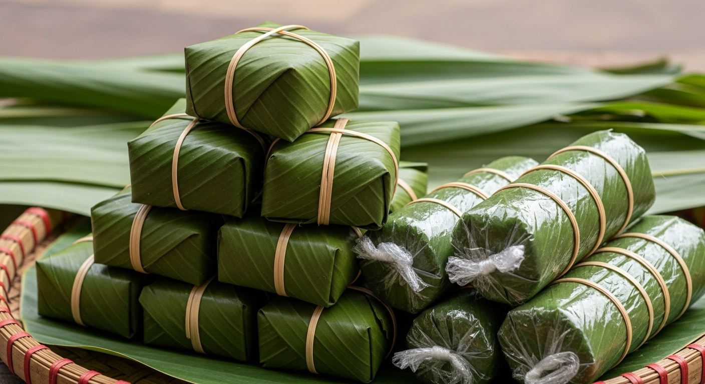 Bánh Chưng và Bánh Tét truyền thống gói lá xanh, bọc màng thực phẩm và xếp gọn gàng trên bề mặt khô ráo, áp dụng Mẹo bảo quản thực phẩm tươi ngon ngày Tết hiệu quả.