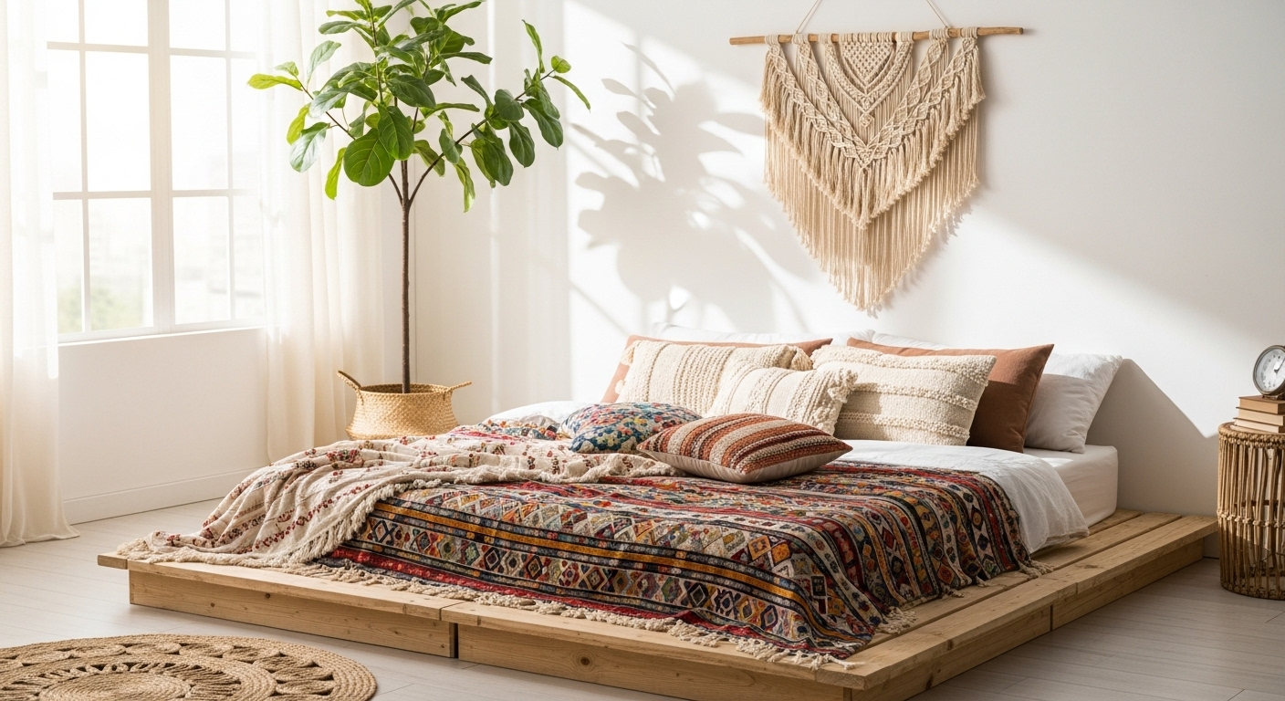 Nội thất phòng ngủ bohemian tràn ngập ánh nắng với giường gỗ thấp, chăn họa tiết, macrame và cây bàng lá lớn. Ý tưởng trang trí phòng ngủ ấm cúng, gần gũi thiên nhiên.