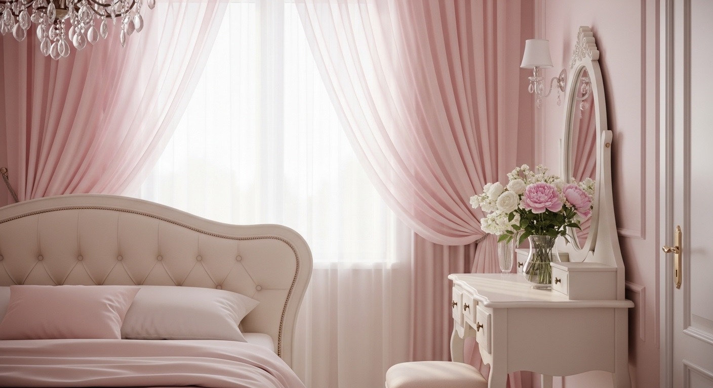 Phòng ngủ nữ tính trang trí tông hồng pastel và kem, nổi bật với giường bọc nệm, rèm voan mỏng và bàn trang điểm lãng mạn.