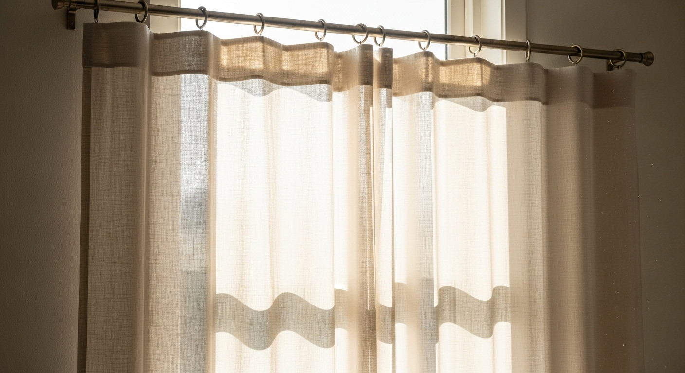 Rèm vải linen mỏng màu sáng, lọc nắng tự nhiên, trang trí phòng ngủ nhỏ thêm tinh tế và thoáng đãng.