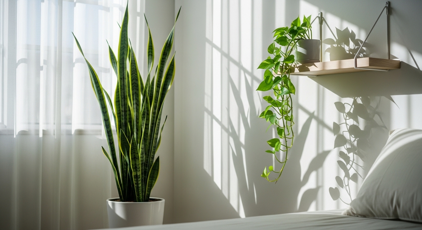 Phòng ngủ sáng sủa với cây Lưỡi Hổ cao cạnh cửa sổ và cây Trầu Bà rủ từ kệ, mang đến không gian xanh mát cho việc trang trí phòng ngủ.