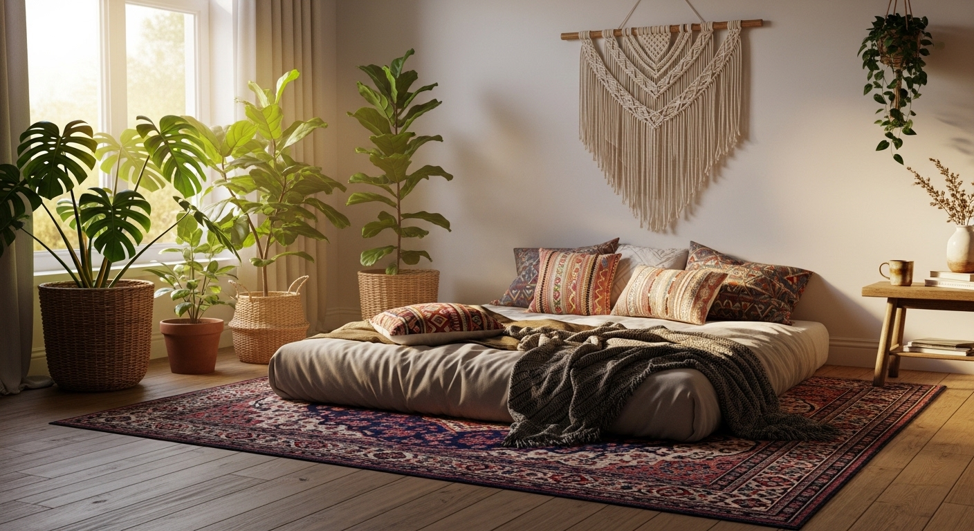Decor phòng ngủ bohemian ấm cúng với thảm trải sàn họa tiết, giường thấp, gối tựa đa sắc và cây xanh tươi mát đón ánh sáng tự nhiên.