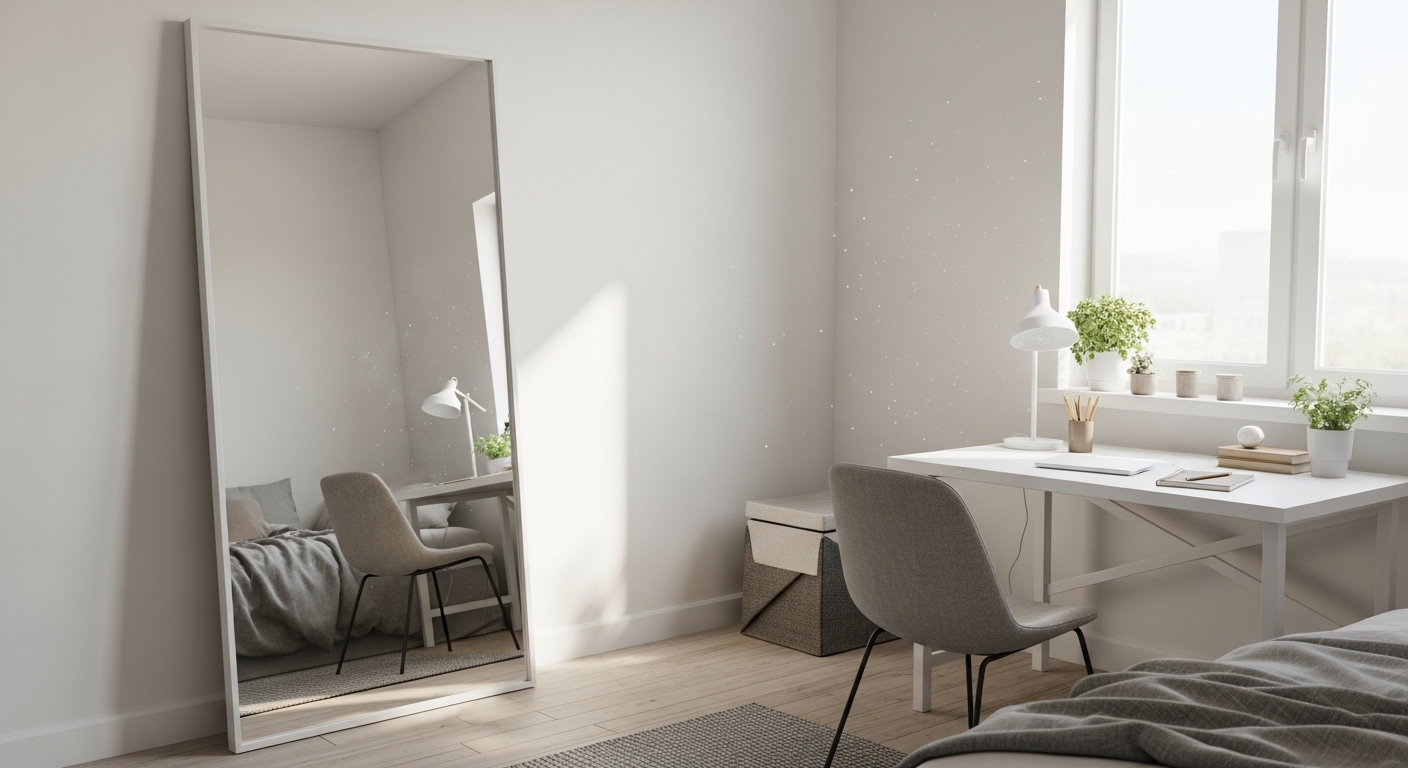 Gương soi toàn thân lớn dựa tường trắng phản chiếu bàn làm việc trong phòng ngủ nhỏ, tối ưu cho trang trí nội thất phòng ngủ vừa và nhỏ giúp không gian rộng và sáng hơn.